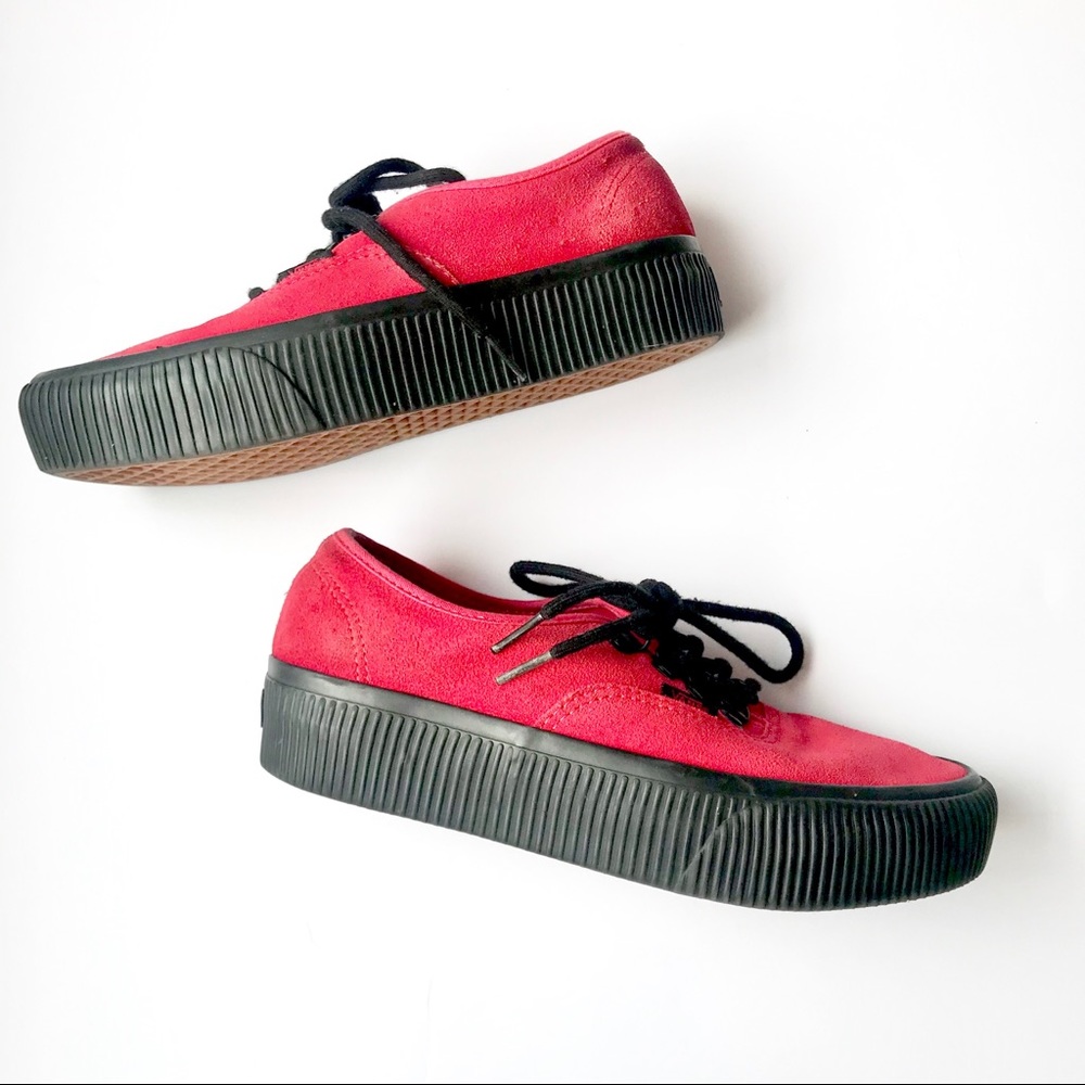 Red suede black platform vans